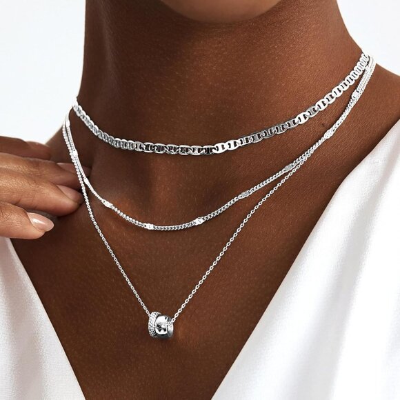 Women Layered CZ Rondelle Pendant Necklace Set 14K Gold Plated Silver - Picture 4 of 7